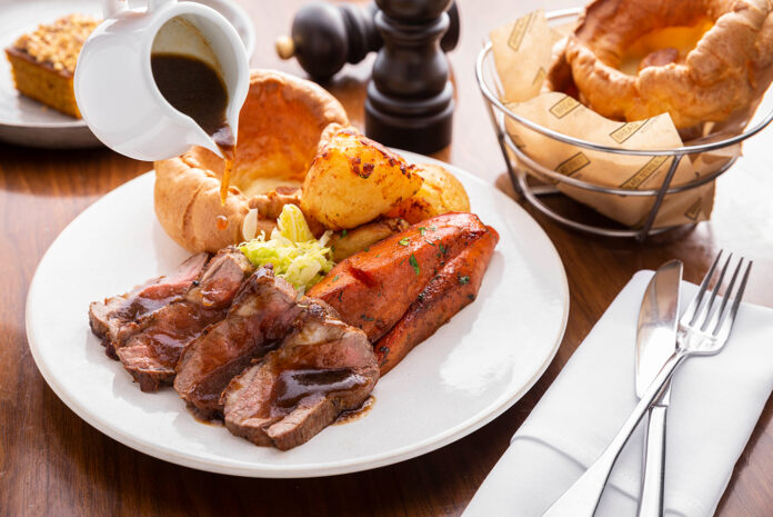 Bread Street Kitchen Lamb rump, roasted potatoes, savoy cabbage, carrots, Yorkshire pudding, onion gravy (Marina Bay Sands)