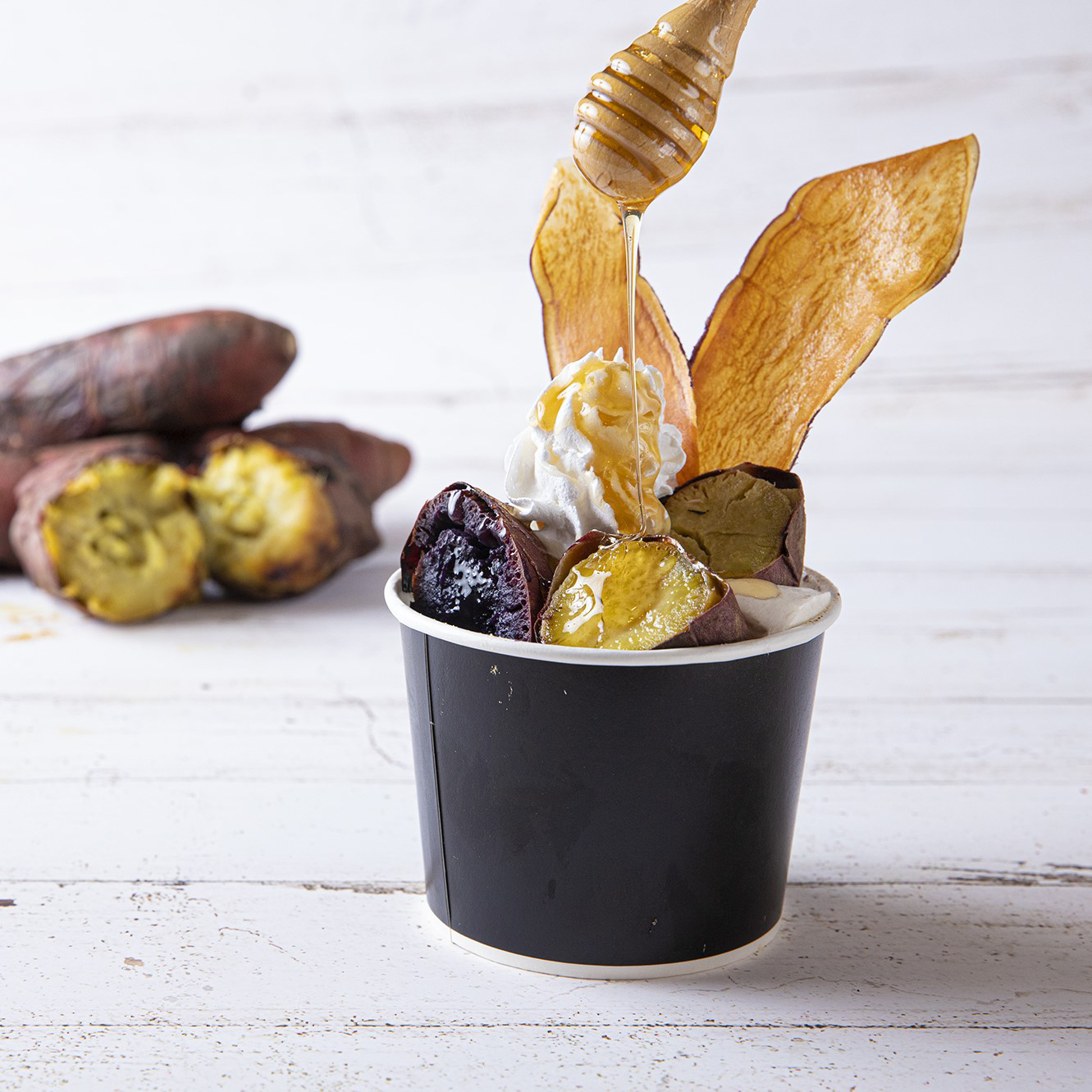 Sweet potato and Fukumurasaki's potato parfait with raw honey from BeNe