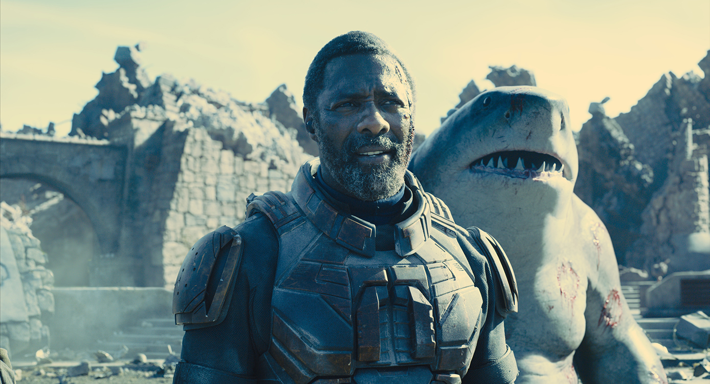 (L-r) IDRIS ELBA as Bloodsport and KING SHARK in Warner Bros. Pictures’ superhero action adventure “THE SUICIDE SQUAD,” a Warner Bros. Pictures release.