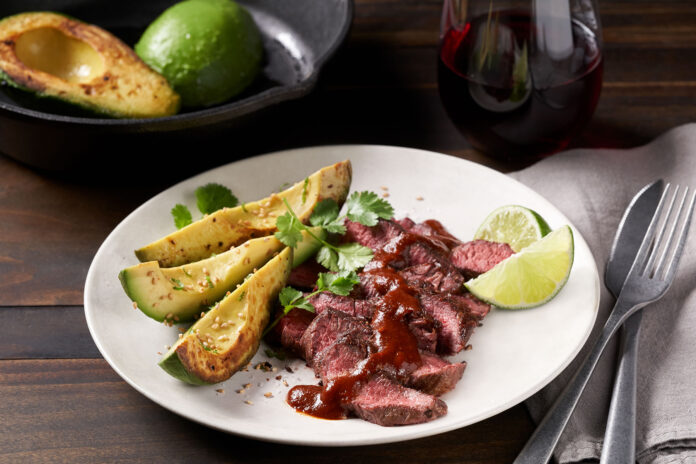 Avocado & Peppercorn Filet Mignon with Broken Chipotle Vinaigrette  