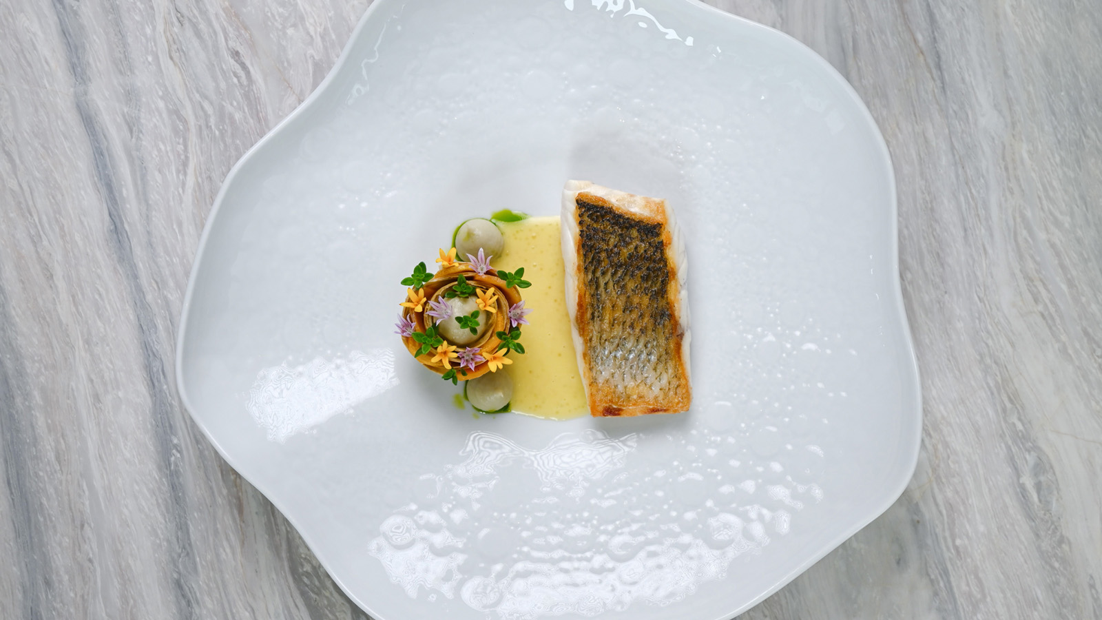 Wild Sea Bass [Dry Aged] Mastika Artichoke, Smoked Pike Caviar, Kumquat - Pelagos Restaurant at Four Seasons Astir Palace Hotel Athens