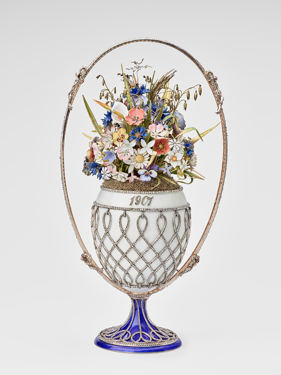 Basket of flowers egg, by Fabergé. Silver, parcel-gilt, gold, guilloché enamel, diamonds, 1901 Royal Collection Trust © Her Majesty Queen Elizabeth II 2021