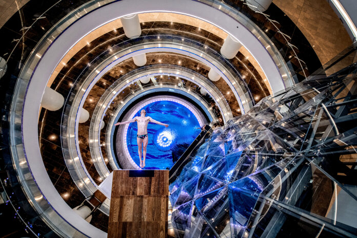 Red Bull Cliff Diving World Series champion, Gary Hunt of France, dives from the 27.5 meter platform inside the Daniz Mall in Baku, Azerbaijan on April 13, 2021.