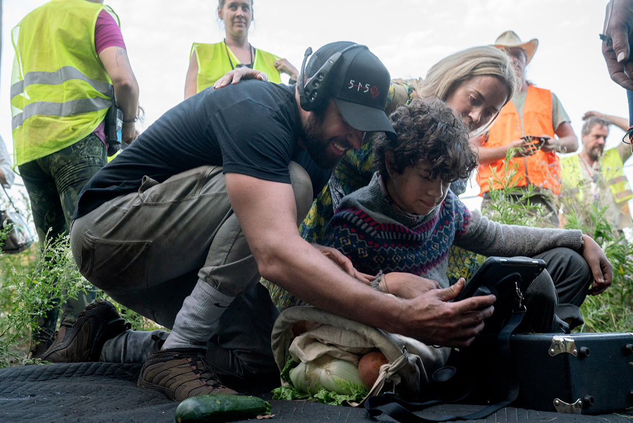 L-r, Director John Krasinski, Noah Jupe and Emily Blunt on the set of Paramount Pictures’ "A Quiet Place Part II.”