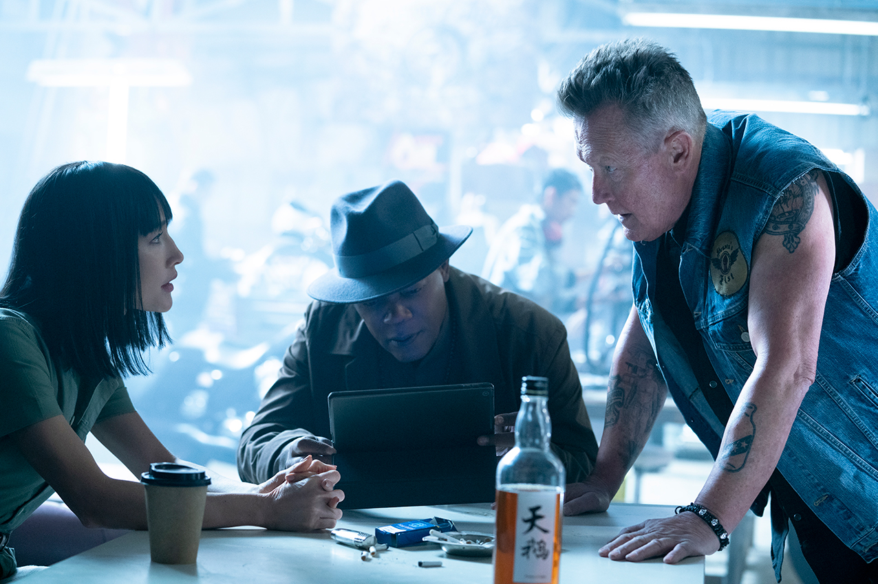  Maggie Q as ‘Anna,’ Samuel L. Jackson as ‘Moody,’ and Robert Patrick as ‘Billy Boy’ in THE PROTÉGÉ.