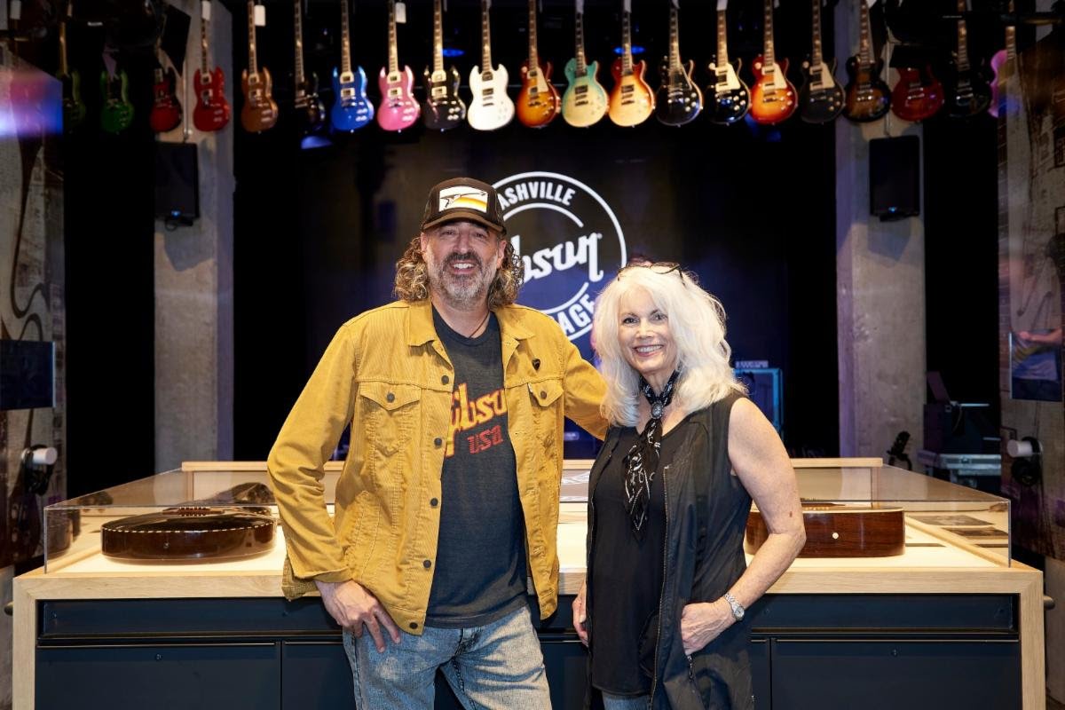 Above (L-R): JC (President and CEO, Gibson Brands) and Emmylou Harris at the Gibson Garage.