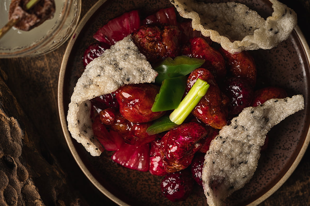 Mott 32 Sweet and Sour Red Dragon Fruit with Crispy Sesame Rice Cracker