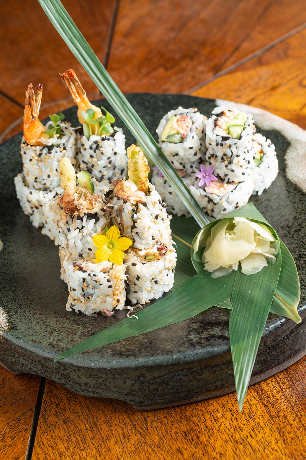 Spago Hand Roll Sushi Platter Crispy Shrimp Tempura and California Rolls