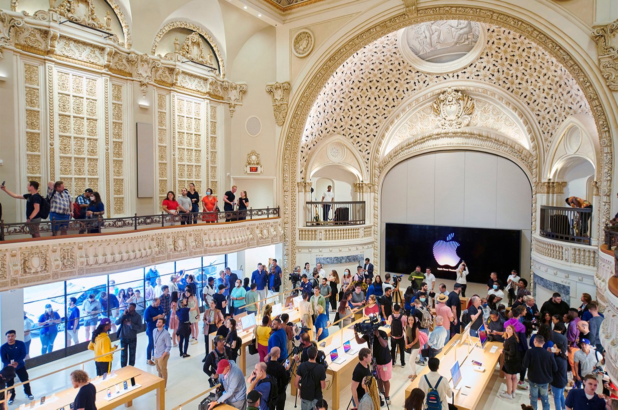 Customers join Apple team members to explore Apple Tower Theatre.