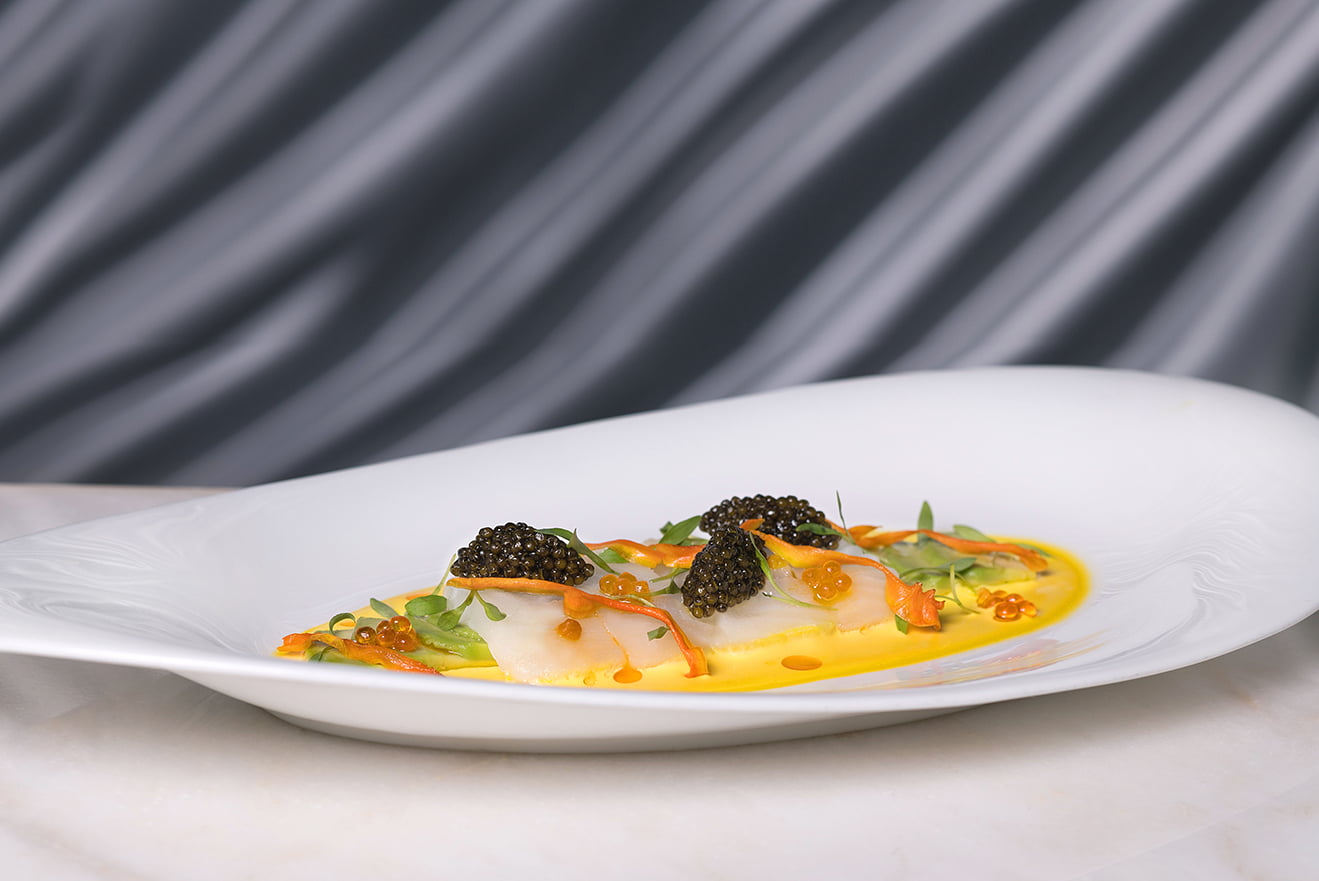 Australian Barramundi Crudo Yellow Aji, Sweet Potato, Caviar at Felix - The Peninsula Hong Kong