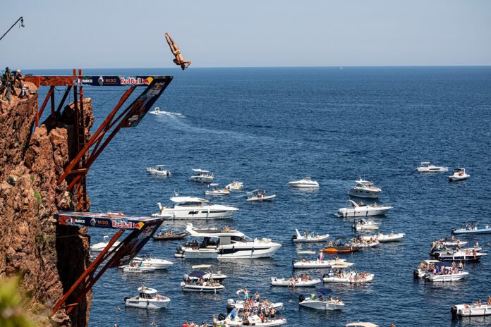 Catalin Preda of Romania dives from the 27 meter platform during the final competition day of the first stop of the Red Bull Cliff Diving World Series in Saint Raphael, France on June 12, 2021