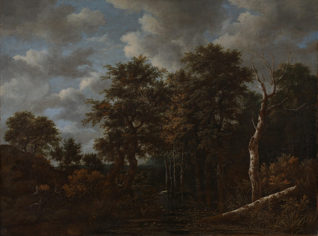 Jacob van Ruisdael, A Pool surrounded by Trees, and Two Sportsmen coursing a Hare, c. 1665