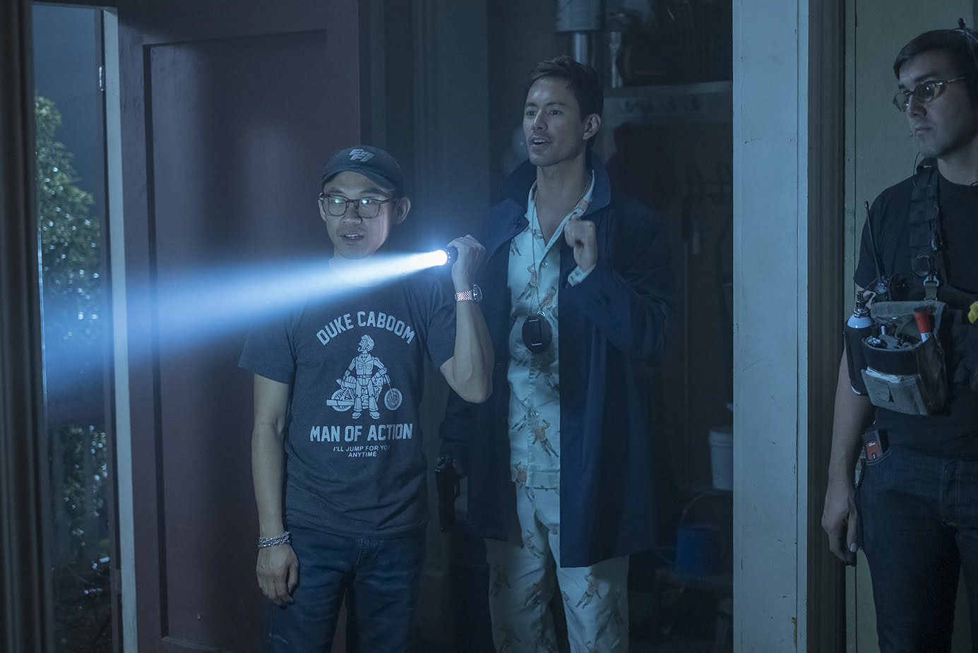 (L-r) Director/Producer JAMES WAN and GEORGE YOUNG on the set of New Line Cinema, Starlight Media Inc. and My Entertainment Inc.’s original horror thriller MALIGNANT, an Atomic Monster production, a Warner Bros Pictures release.