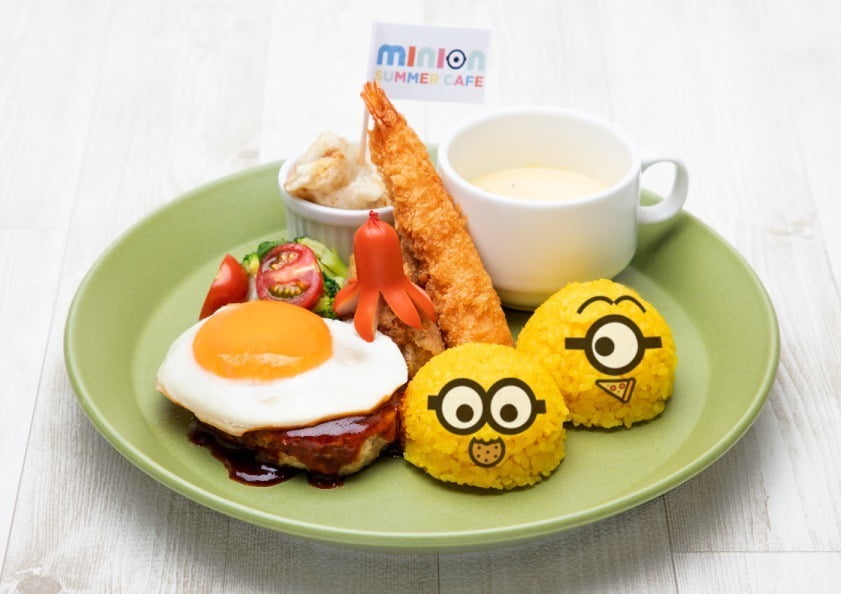 Minion Lunch Plate with fried egg hamburger steak, fried shrimp, and fried chicken from Minion Summer Cafe