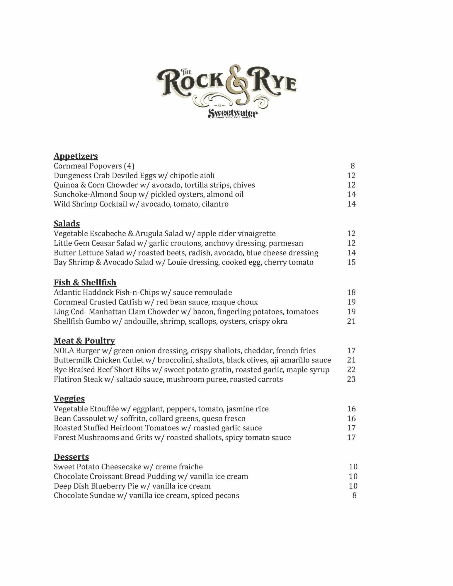 The Rock and Rye at Sweetwater Music Hall - Menu