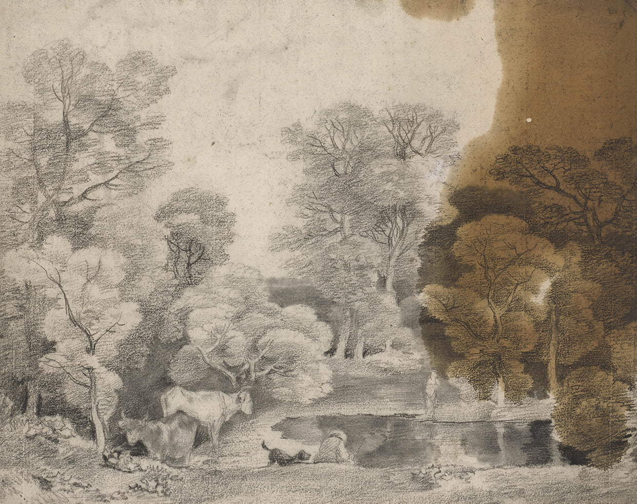 Thomas Gainsborough’s Trees beside a lake, c.1748-50, featuring a large oil stain from Gainsborough’s studio