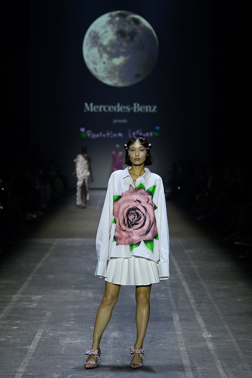 BERLIN, GERMANY - SEPTEMBER 06: A Model at the Mercedes-Benz presents Florentina Leitner Show at MBFW at Kraftwerk Mitte on September 6, 2021 in Berlin, Germany.