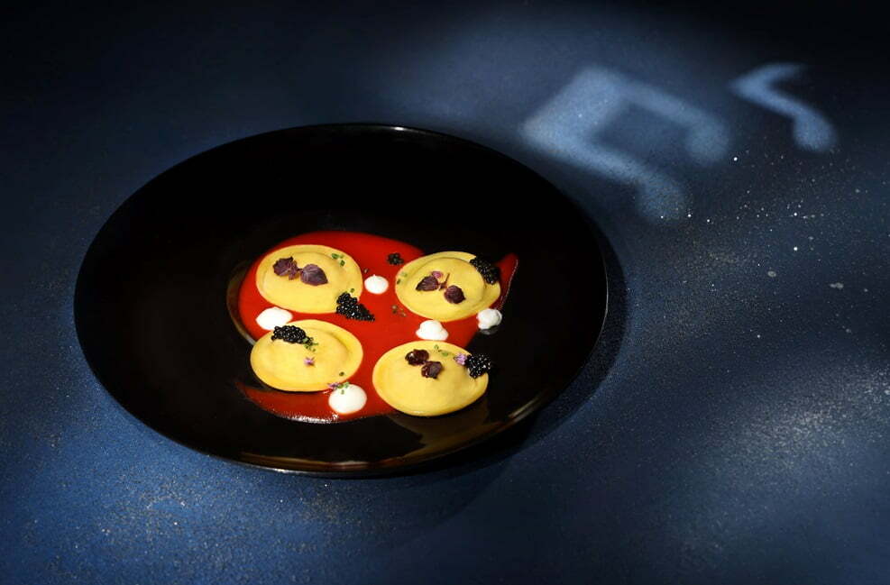 Smoked Eggplant Ravioli with Burrata and Roasted Capsicum Sauce and Kristal Caviar