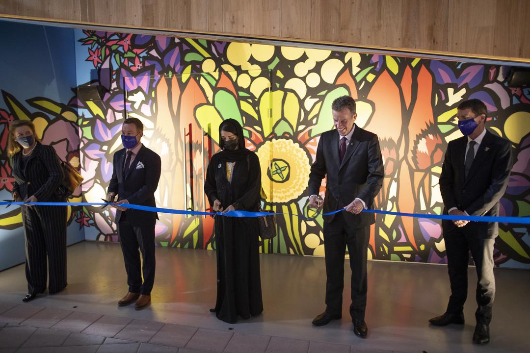 Her Excellency Reem Al Hashimy UAE Minister of State for International Cooperation and Director General, Expo 2020 Dubai meets Australia’s Trade Minister, the Hon. Dan Tehan MP at the Australian Pavilion opening, Expo 2020 Dubai.