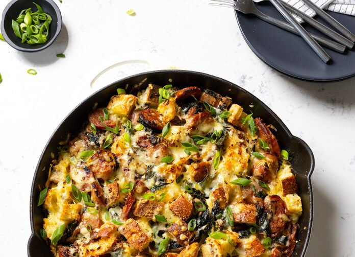 Cheesy Kale and Apple Sausage Strata