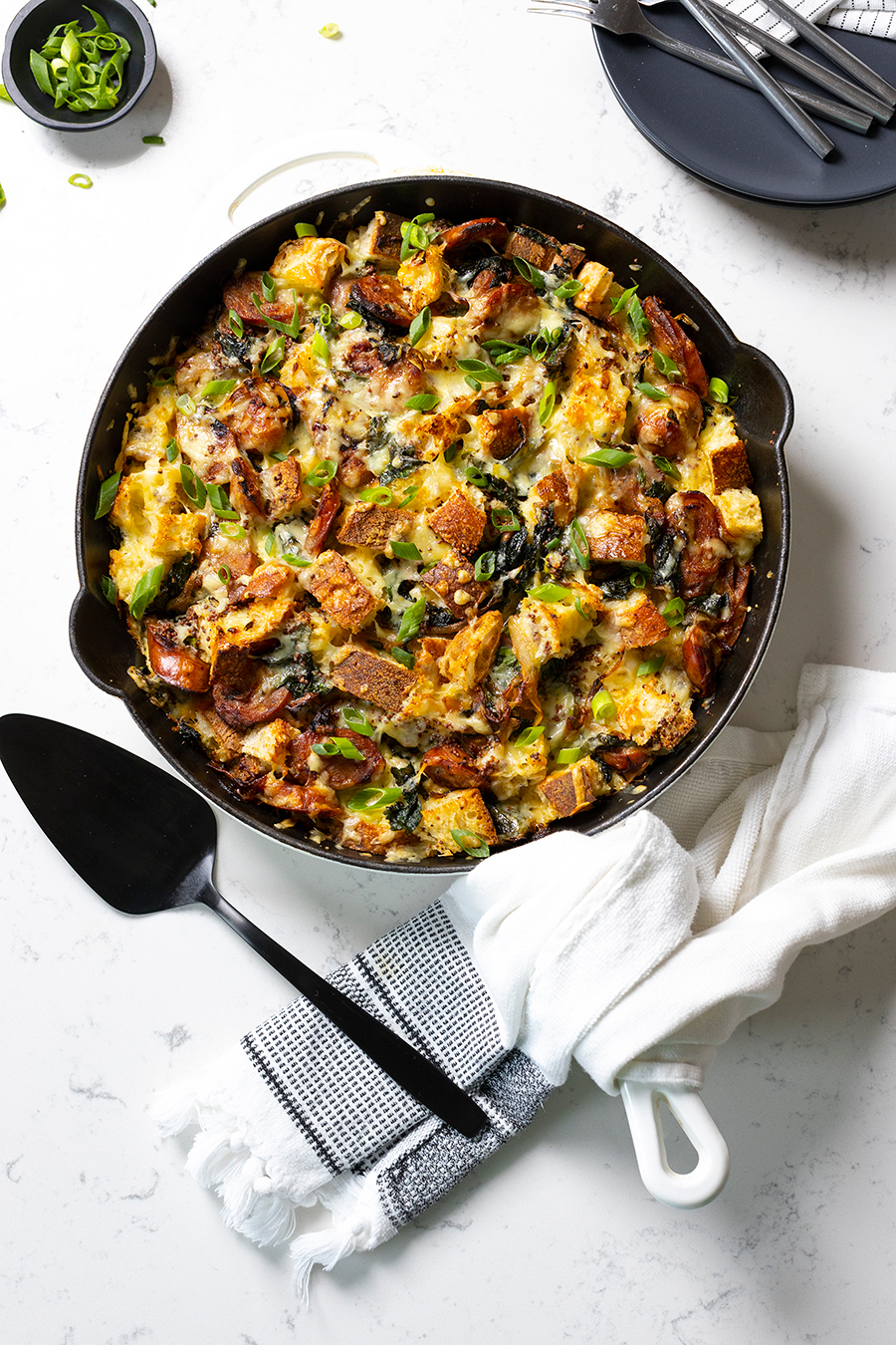 Cheesy Kale and Apple Sausage Strata