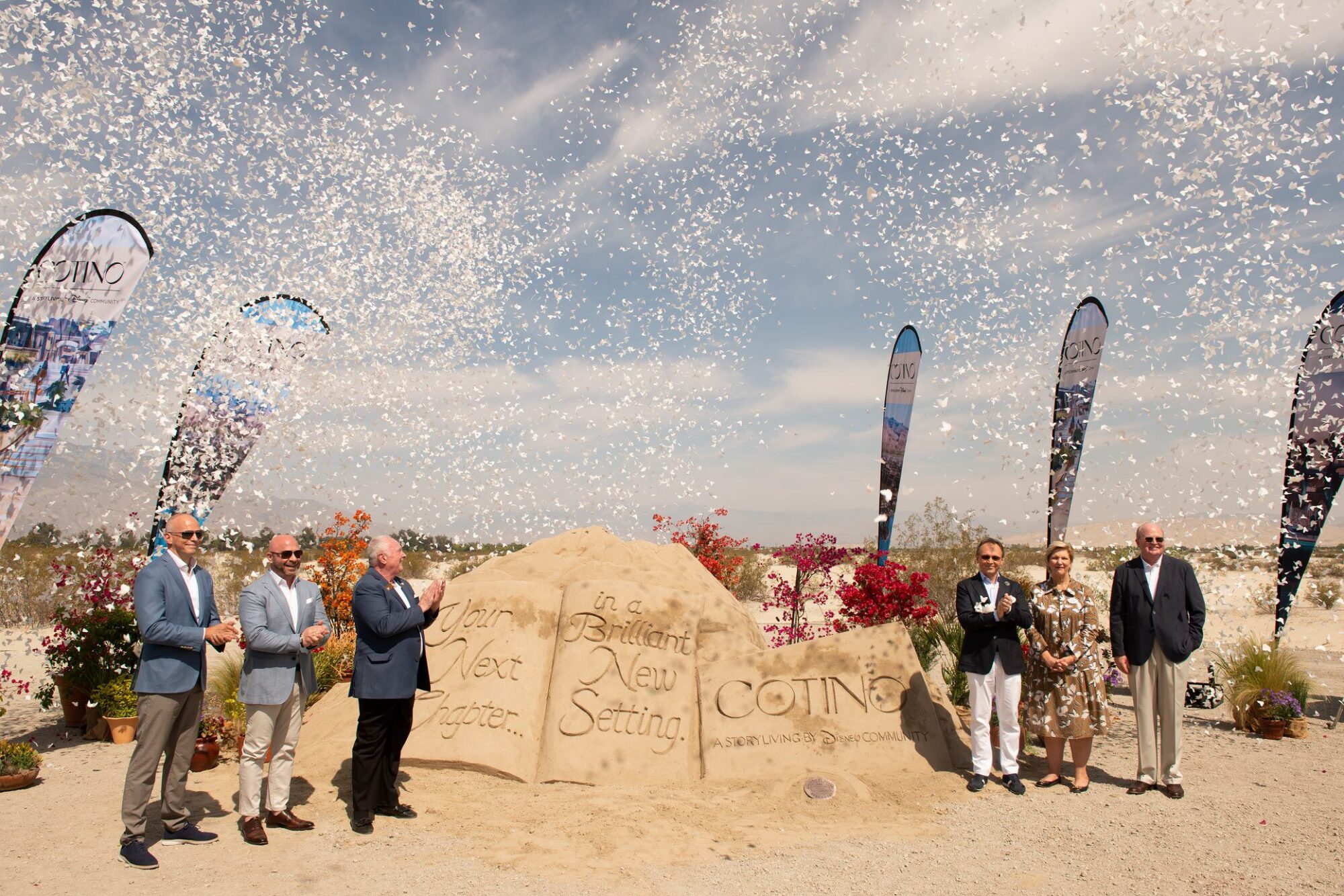 Groundbreaking ceremony to celebrate work starting on Cotino, a Storyliving by Disney community, held in Rancho Mirage, California. Pictured left to right: Greg Tylee and Alex Tsakumis of EC Rancho Mirage Holdings Limited Partnership; City of Rancho Mirage Mayor Charles Townsend; Thomas Mazloum, president of Disney Signature Experiences; Claire Bilby, senior vice president and general manager of Disney Signature Experiences Emerging Businesses; and Brent Herrington, CEO of DMB Development.