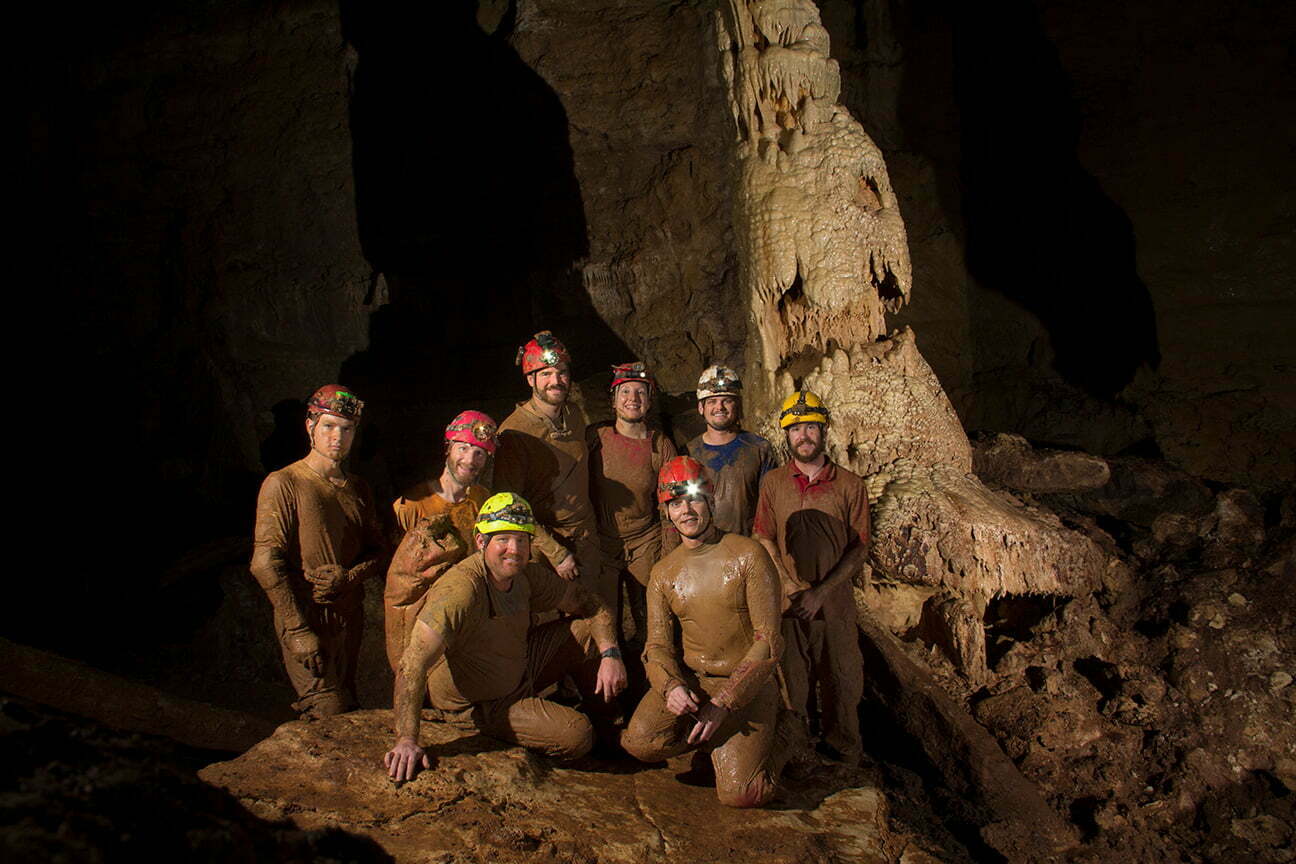 Left to Right: Ethan Perrine, David Ochel, Brad Wuest, Andrea Croskrey, Dillon Ellis, and Nathan Hinkie. (Left to Right Front) Justin Royce and Bennett Lee. Natural Bridge Caverns Expedition/Survey Team to Hope’s Mantel.