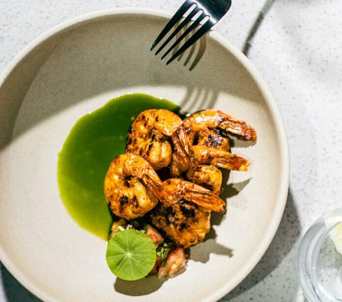 Pan-fried prawns, spiked red onion jalapeno