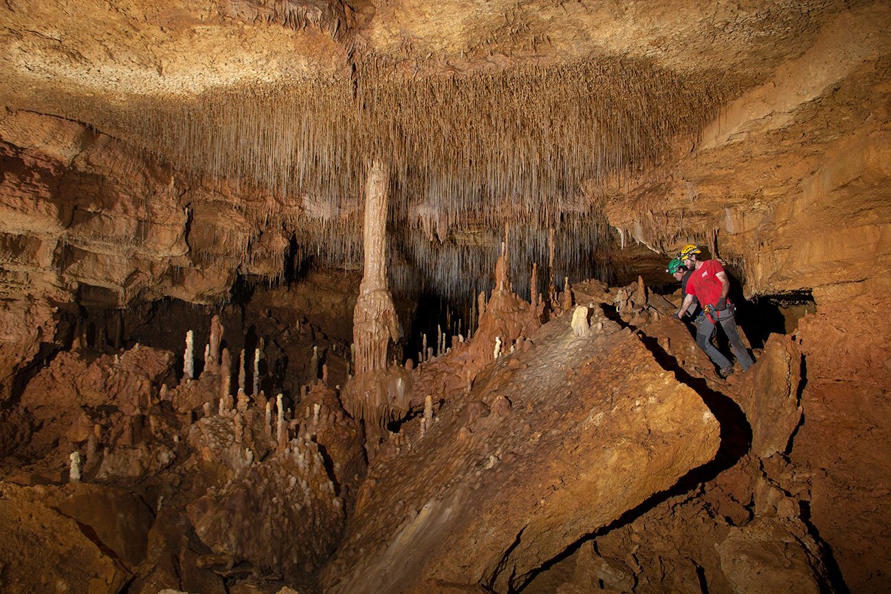 Nathan Hinkie and T. Dexter Soechting look into a forest of formations going north from Goliath’s Dome in Wild Cave.