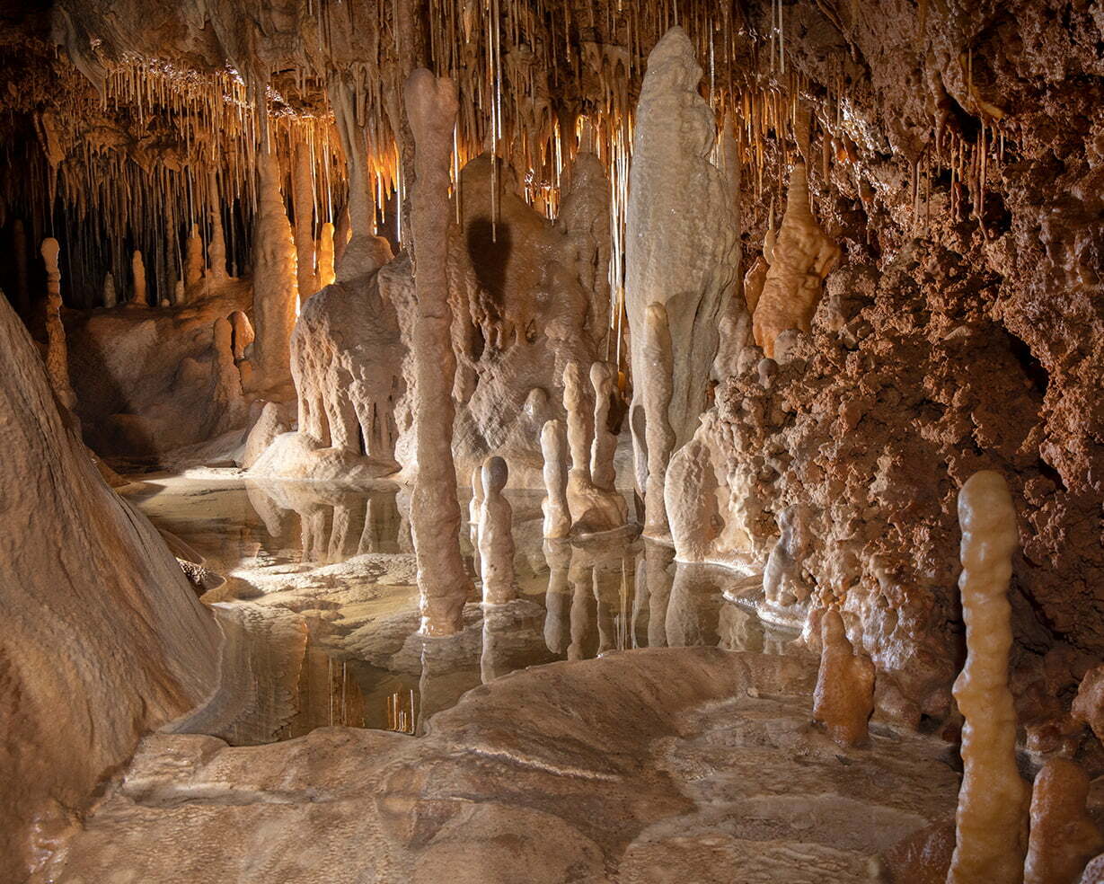 Water shimmers in a rim stone pool in the Wild Cave.