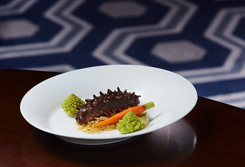 Black Pearl Degustation Menu - Braised Hokkaido sea cucumber and dried shrimp roe in spring onion sauce with orzo pasta