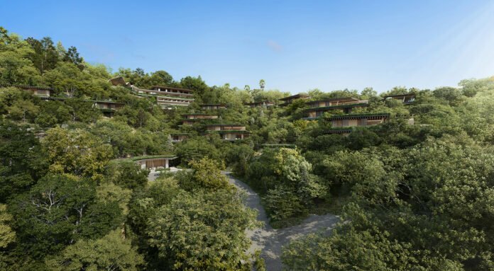 A birds-eye view rendering of the boutique 58-room Bulgari Resort Los Angeles