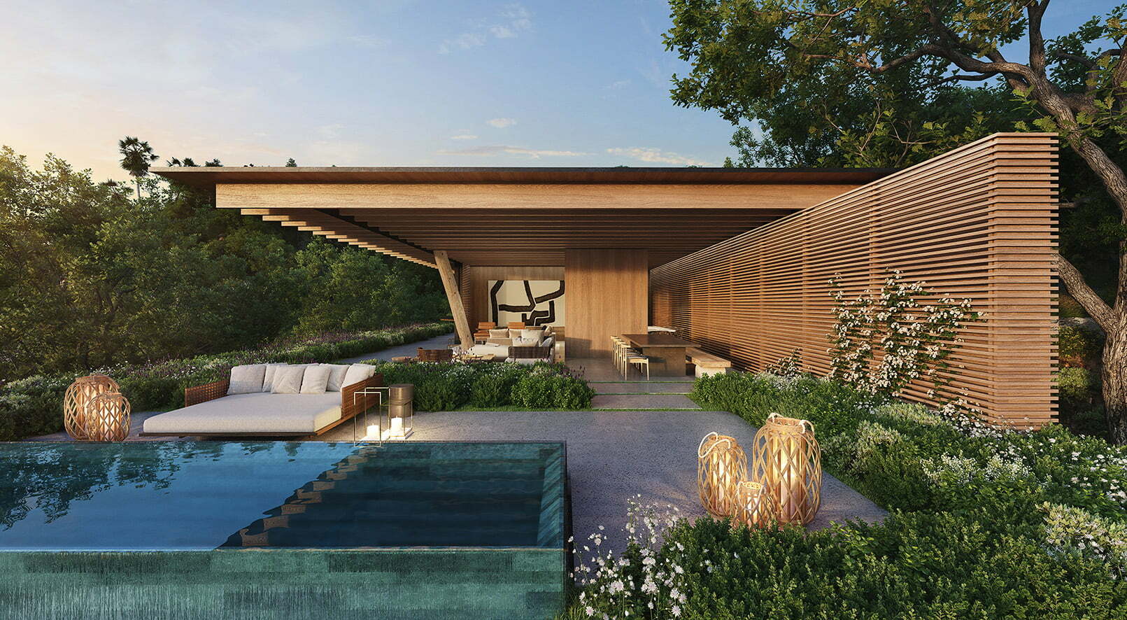 A rendering showcasing one of the luxury bungalows at Bulgari Resort Los Angeles, nestled naturally within the landscape of the majestic Santa Monica Mountains