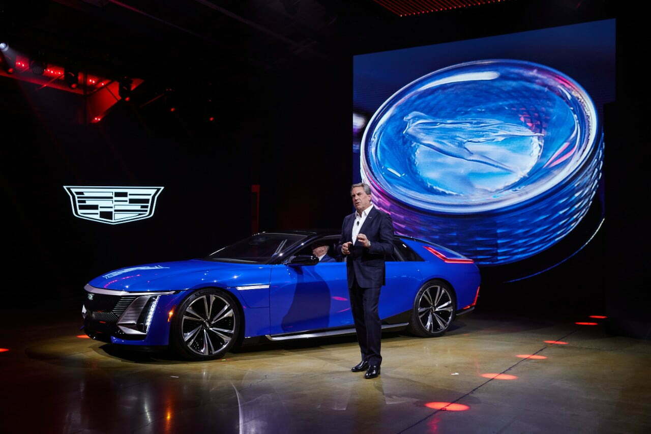 Mark Reuss, President of General Motors, with the handcrafted Cadillac flagship, CELESTIQ, speaking at the reveal event in Los Angeles on October 17, 2022.