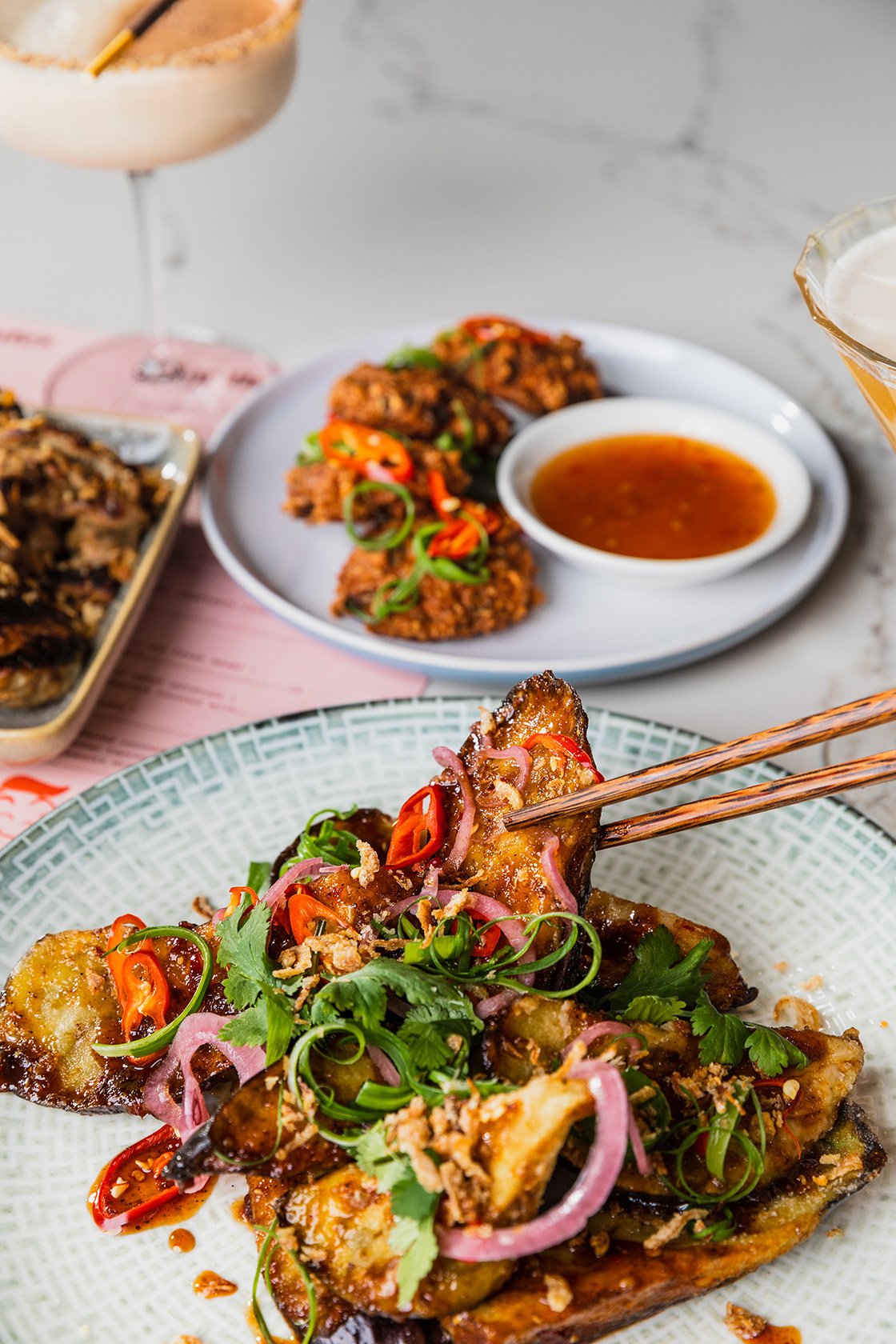 Crispy spiced eggplant and Fish cakes