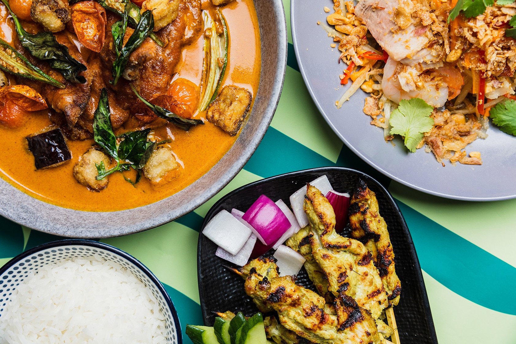 Malaysian Ling Curry, Chicken Satay, Papaya Salad