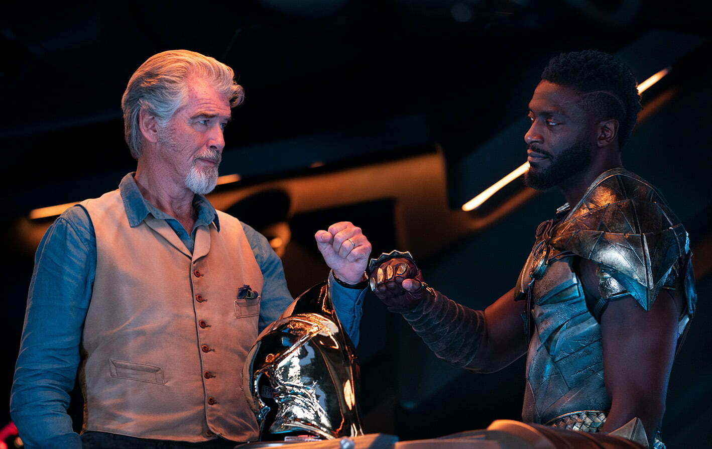 (L-r) PIERCE BROSNAN as Dr. Fate and ALDIS HODGE as Hawkman in New Line Cinema’s action adventure “BLACK ADAM,” a Warner Bros. Pictures release.