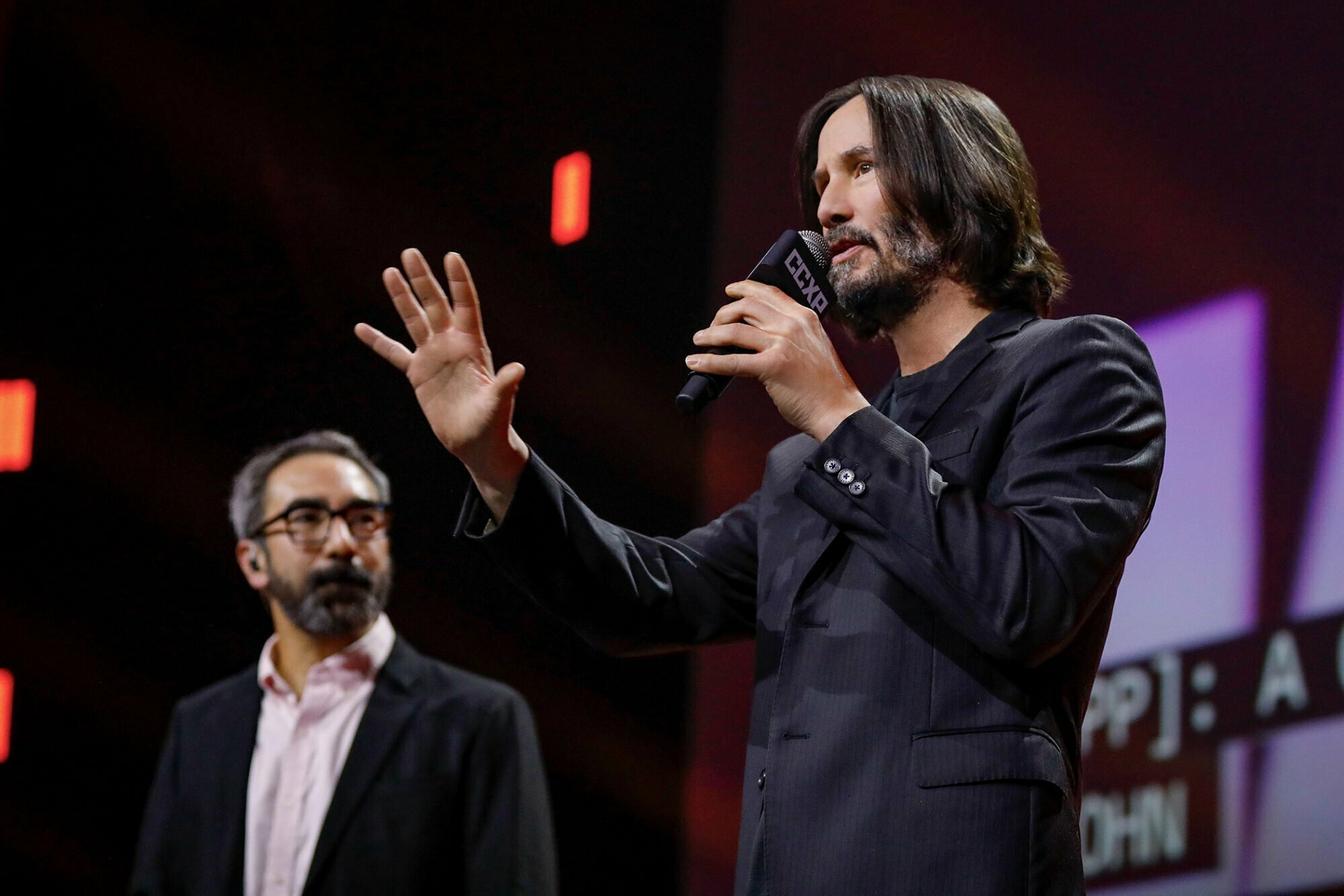 SAO PAULO, BRAZIL - DECEMBER 03: Keanu Reeves speaks during a panel of John Wick 4 at the Thunder Stage with Marcelo Forlani at Sao Paulo Expo on December 03, 2022 in Sao Paulo, Brazil. 