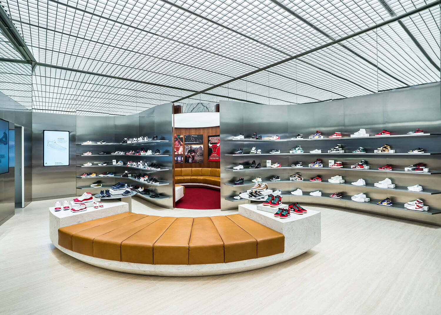 The shoe wall at World of Flight spans generations of Air Jordan silhouettes.