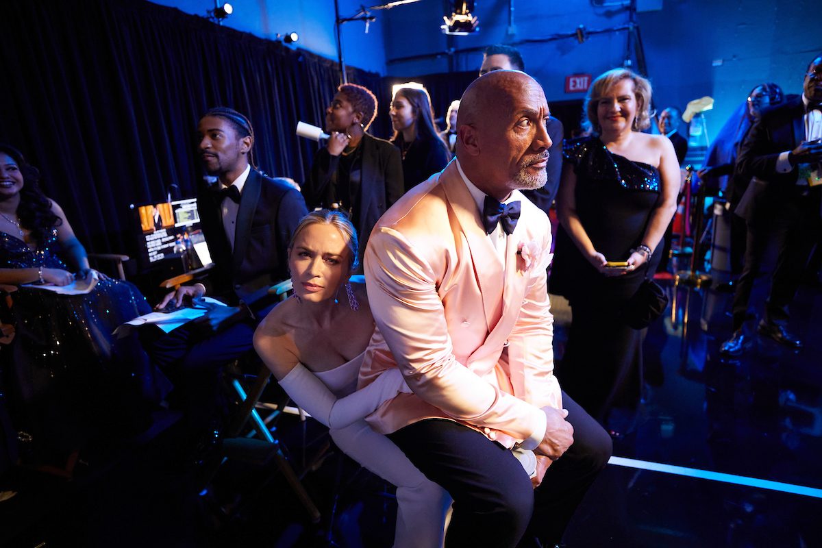 Emily Blunt and Dwayne Johnson backstage during the live ABC telecast of the 95th Oscars® at Dolby® Theatre at Ovation Hollywood on Sunday, March 12, 2023.