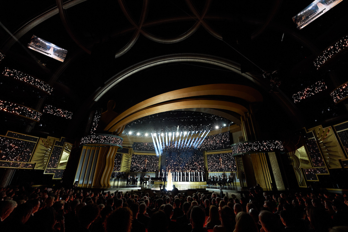 Diane Warren and Sofia Carson perform onstage during the live ABC telecast of the 95th Oscars® at the Dolby® Theatre at Ovation Hollywood on Sunday, March 12, 2023.