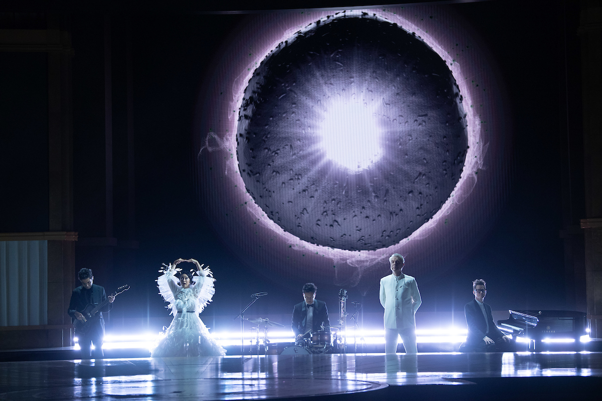 Stephanie Hsu, David Byrne and Son Lox perform onstage during the live ABC telecast of the 95th Oscars® at the Dolby® Theatre at Ovation Hollywood on Sunday, March 12, 2023.