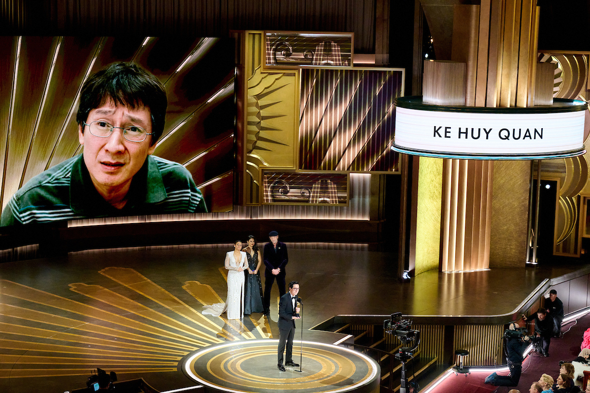 Ke Huy Quan accepts the Oscar® for Actor in a Supporting Role during the live ABC telecast of the 95th Oscars® at the Dolby® Theatre at Ovation Hollywood on Sunday, March 12, 2023.