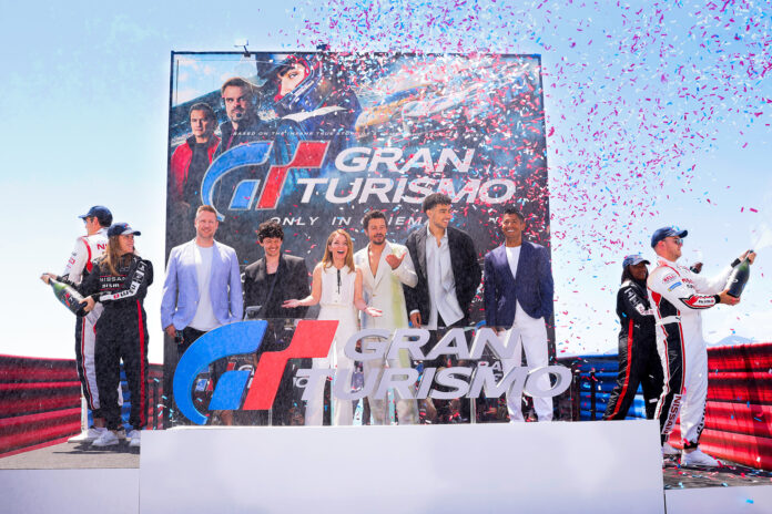 CANNES, FRANCE - MAY 26: GRAN TURISMO: THE MOVIE cast, (L-R) Neill Blomkamp, Maximilian Mundt, Geri Halliwell, Orlando Bloom, Archie Madekwe and Asad Qizilbash attend the 2023 Cannes Film Festival Photo Call on May 26, 2023 in Cannes, France.