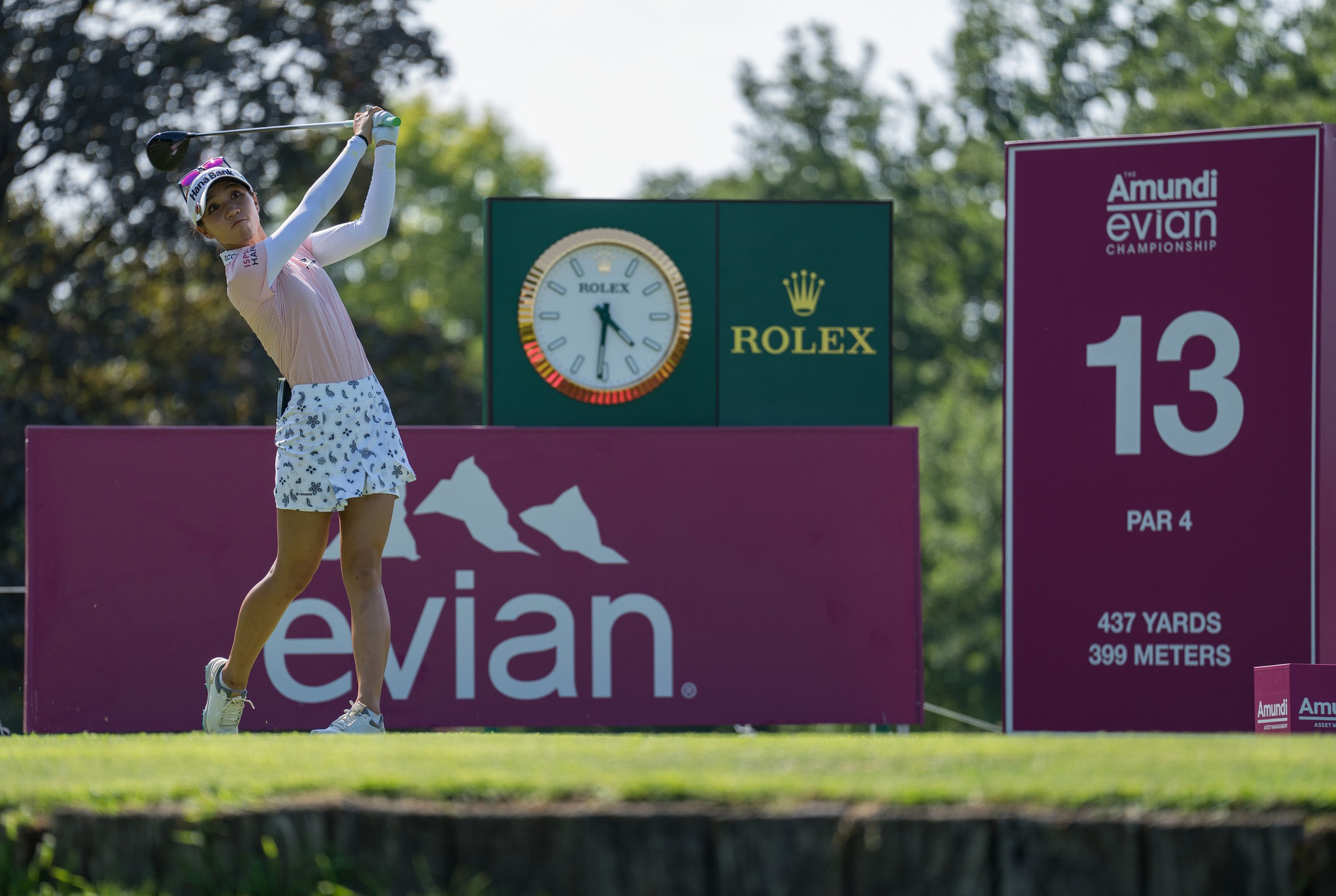 Rolex Testimonee Lydia Ko plays a tee shot at the 2022 Amundi Evian Championship