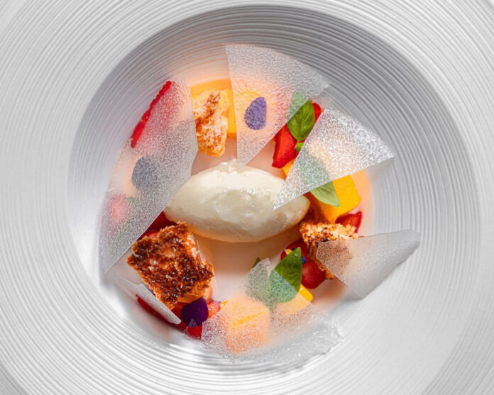 Strawberry & mango with Greek yoghurt sorbet, honey, yuzu & toasted brioche - May Fair Kitchen in London