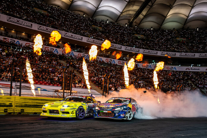 Lauri Heinonen of Finland and Conor Shanahan of Ireland seen during the final stop of the Drift Masters European Championship in Warsaw, Poland on September 16, 2023.