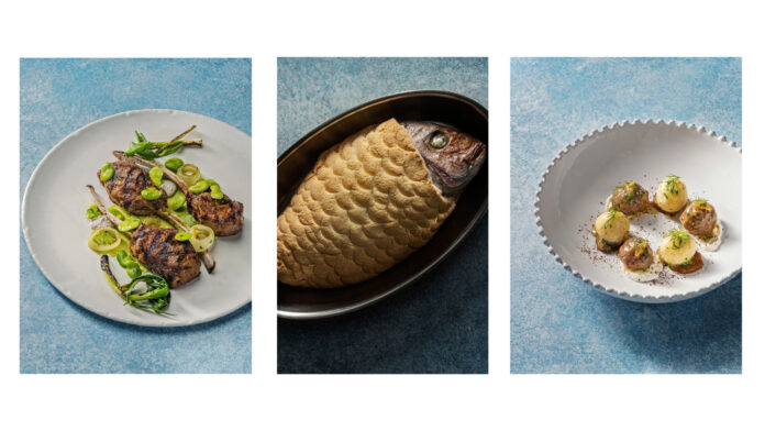 Orla at Mandalay Bay Resort - Left: Harissa-Grilled Lamb Chops; Middle: Alexandria Fish Fry; Right: Gnudi & Lamb Meatball