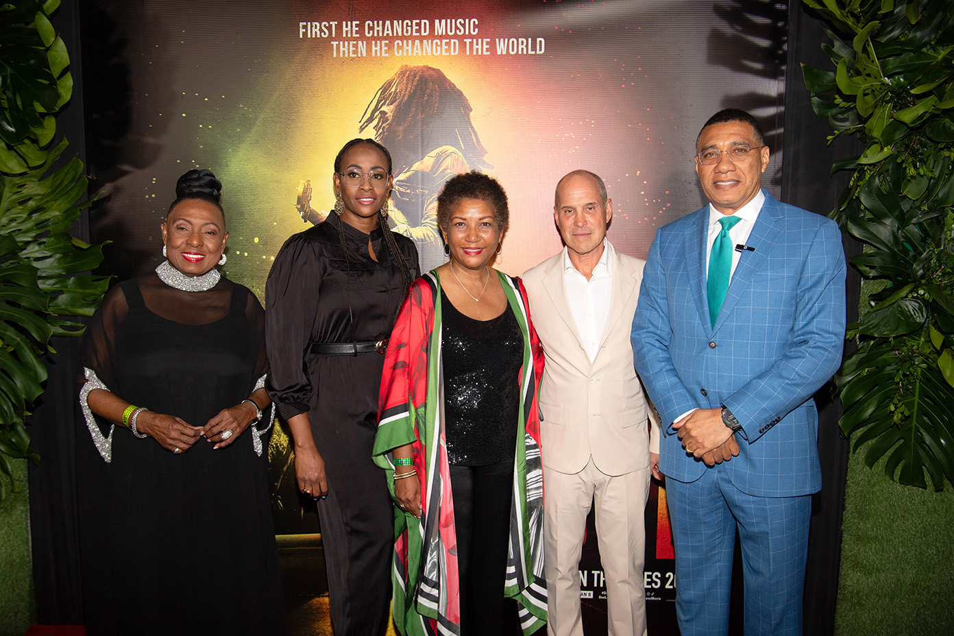 (L-R) Olivia Grange, Juliet Holness, DeDe Lea, Brian Robbins and Andrew Holness attend the Premiere of “Bob Marley: One Love” at the Carib 5 Theatre on January 23, 2024 in Kingston, Jamaica.