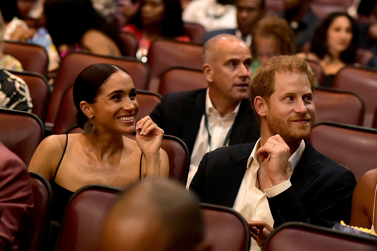 (L-R) Meghan, Duchess of Sussex and Prince Harry, Duke of Sussex attends the Premiere of “Bob Marley: One Love” at the Carib 5 Theatre on January 23, 2024 in Kingston, Jamaica.